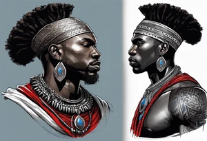 Black-skinned bald african warrior. He wears  a small silver crown. He wears two simple necklaces: one blue, other red. tattoo idea
