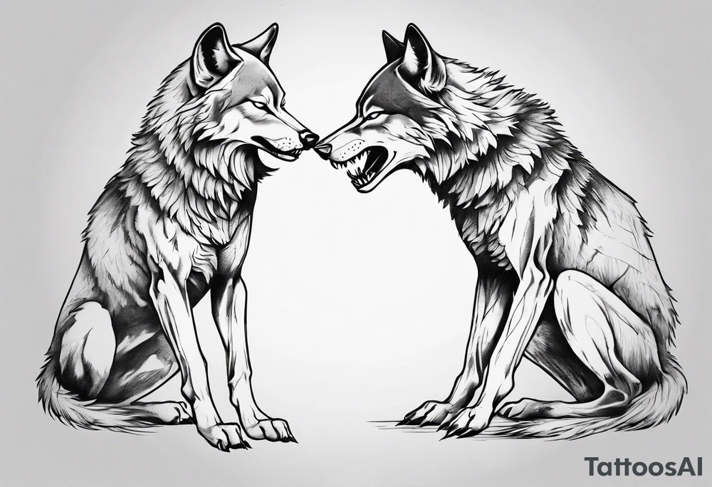 two wolves with their mouths closed and dancing on their hind legs. tattoo idea