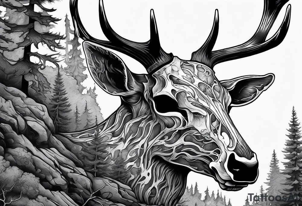 A SCARY side view of a decayed deer skull NO SKIN JUST BONE surrounded by a forest fire in background tattoo idea