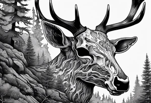 A SCARY side view of a decayed deer skull NO SKIN JUST BONE surrounded by a forest fire in background tattoo idea