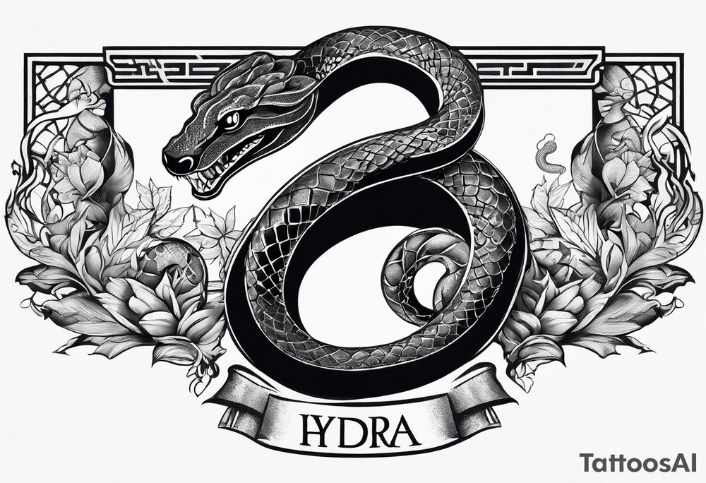 arm sleeve tattoo with a snake, gun, weed symbol that says HYDRA tattoo idea