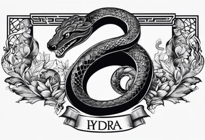 arm sleeve tattoo with a snake, gun, weed symbol that says HYDRA tattoo idea