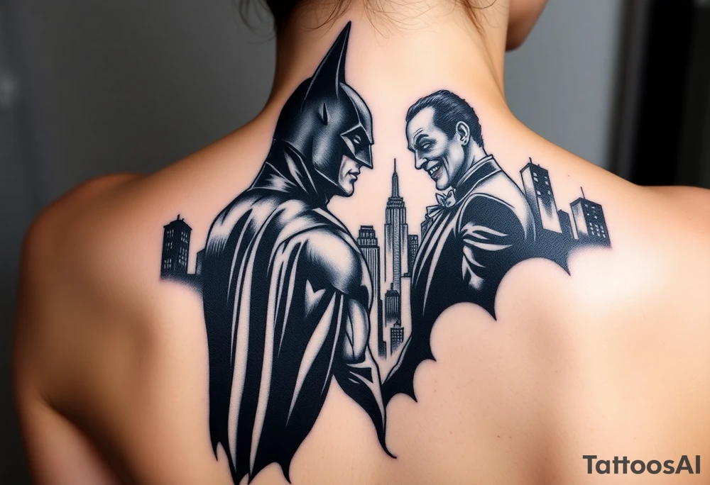 Batman facing off with the joker in Gotham city with buildings and with bat signal shinning realistic and detailed tattoo idea