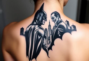 Batman facing off with the joker in Gotham city with buildings and with bat signal shinning realistic and detailed tattoo idea