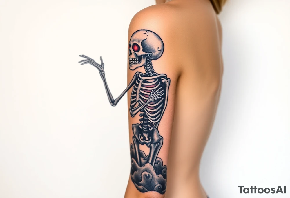 Skeleton reaching out towards a bright light but is stuck in a sludge tattoo idea