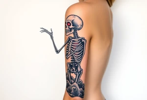 Skeleton reaching out towards a bright light but is stuck in a sludge tattoo idea