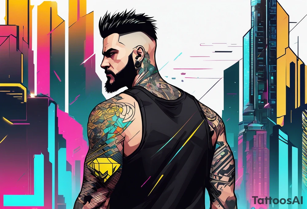 cyberpunk 2077, forearm tattoo, geometric, subtle, men, city skyline, 4k tattoo idea