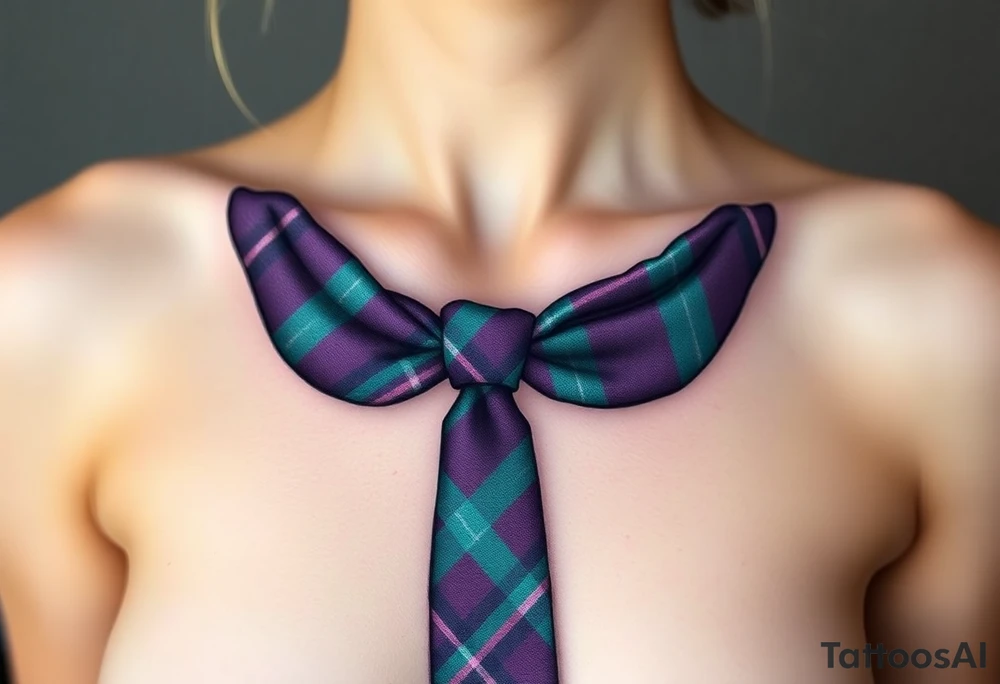 Lower chest

Tie Dark Purple with green pink blue and white highlights tartan fabric with skin around edges peeling and wrapping around side of shoulder tattoo idea