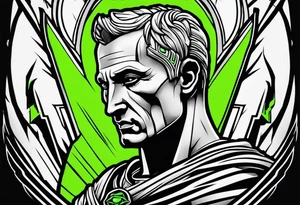 Julius Caesar tattoo with streaks of neon green lightning in the background tattoo idea