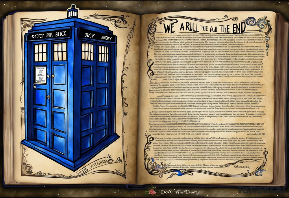 River songs diary from doctor who with the words "We're all stories in the end" I want just the TARDIS blue diary and those words in ribbons or something around the diary.  I want the diary to be closed tattoo idea