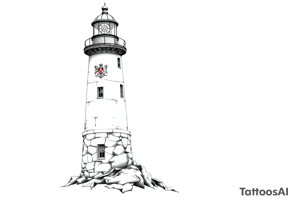 a whole lighthouse with a coat of arms incorporated into the roof tattoo idea