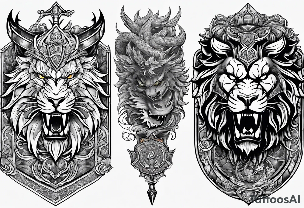 Valhalla sword shield dragon lion tattoo idea