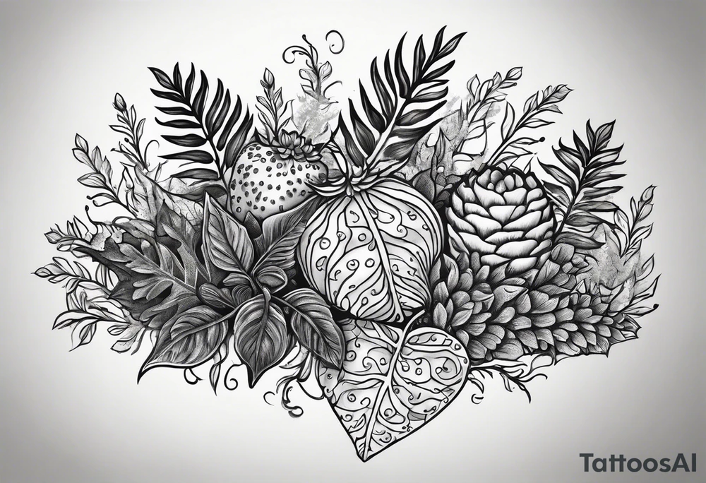 forest floor inspired realistic tattoo, which includes grass, curly ferns and dead leaves as the bulk of the tattoo. details to include: three very tiny strawberries, a tiny bumblebee flying nearby tattoo idea