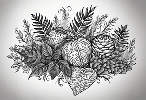 forest floor inspired realistic tattoo, which includes grass, curly ferns and dead leaves as the bulk of the tattoo. details to include: three very tiny strawberries, a tiny bumblebee flying nearby tattoo idea