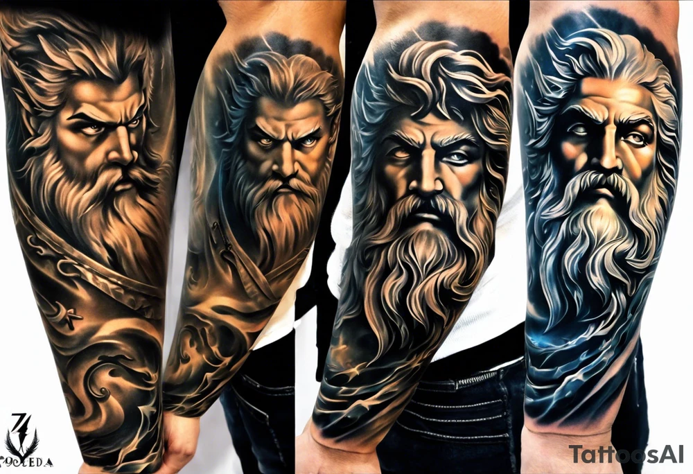 Full left arm tattoo sleeve with the Greek gods, Zeus, Poseidon and Hades. Zeus' face with a lightning bolt coming out of one eye is at the left shoulder, Poseidon's  face with a trident as one of his eyes is at the left upper arm and Hades' face with 
a bident as one of his eyes is at the left forearm. tattoo idea