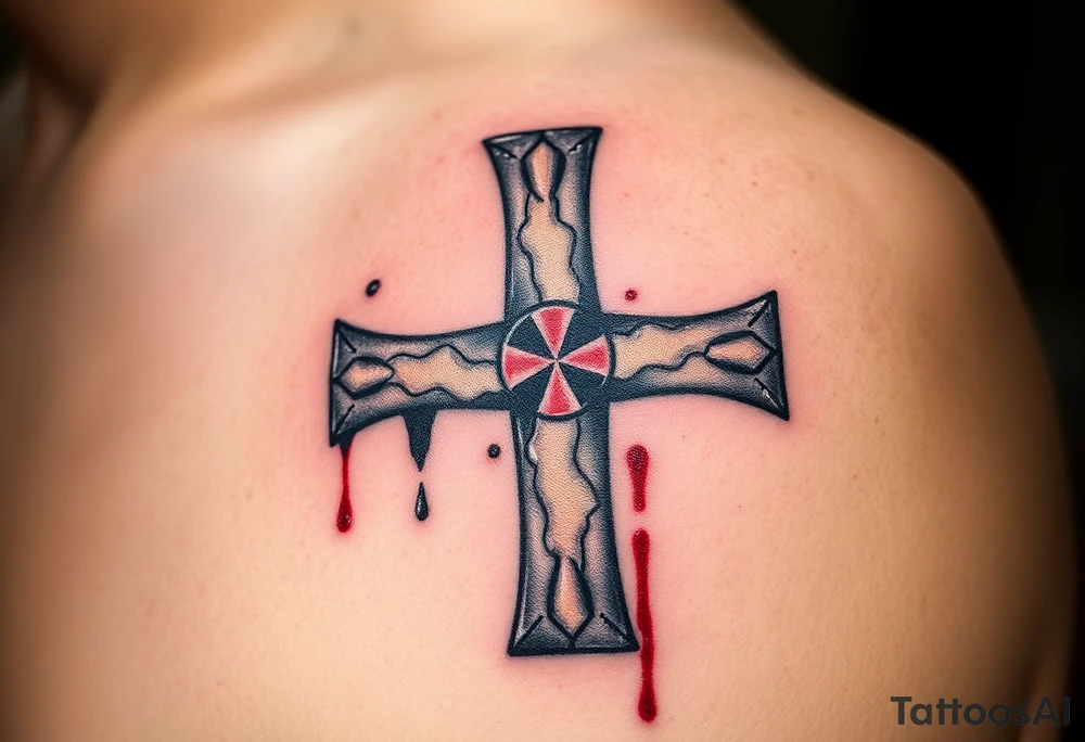 A cracked stone Templar cross with blood splatters, evoking the battle-worn history of the Knights Templar tattoo idea