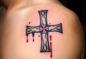 A cracked stone Templar cross with blood splatters, evoking the battle-worn history of the Knights Templar tattoo idea