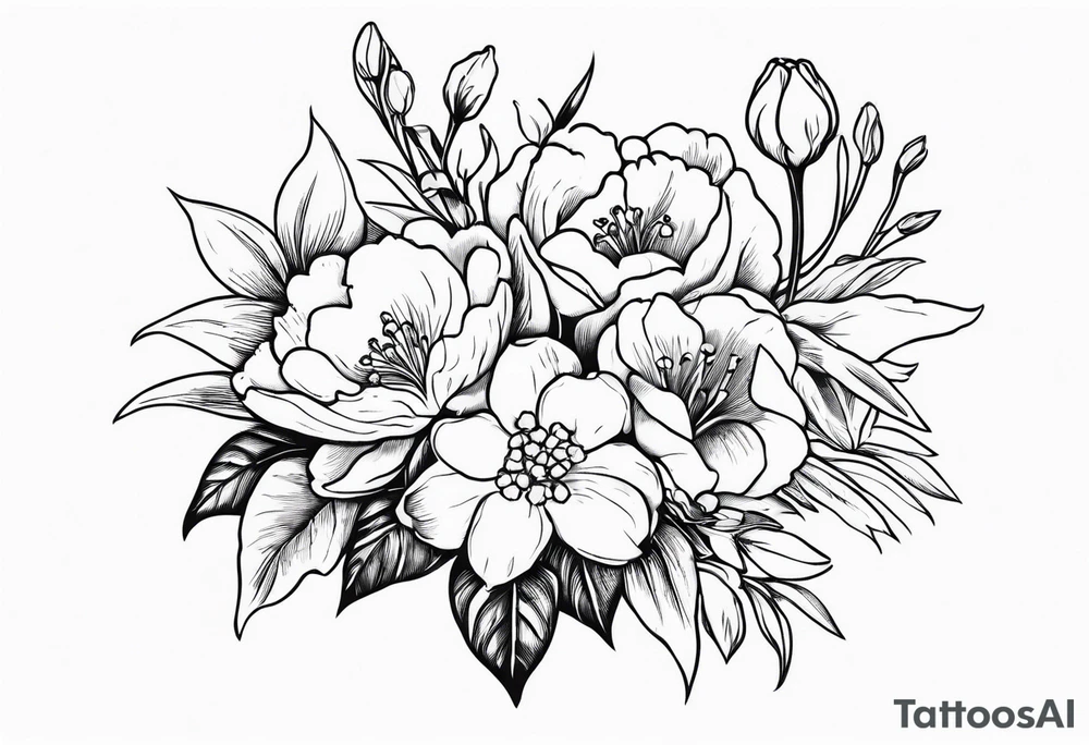 Bouquet
with 1 snowdrop 2 carnations 1 rose 1 lily of the valley 1 daffodil 1 peony tattoo idea
