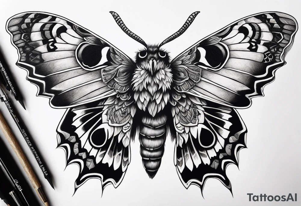 Dead head moth with long wings and owl eyes tattoo idea