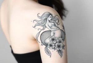 ethereal mermaid with flowing hair among coral and sea flowers tattoo idea