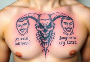 jester see no evil hear no evil speak no evil laugh now cry later tattoo idea