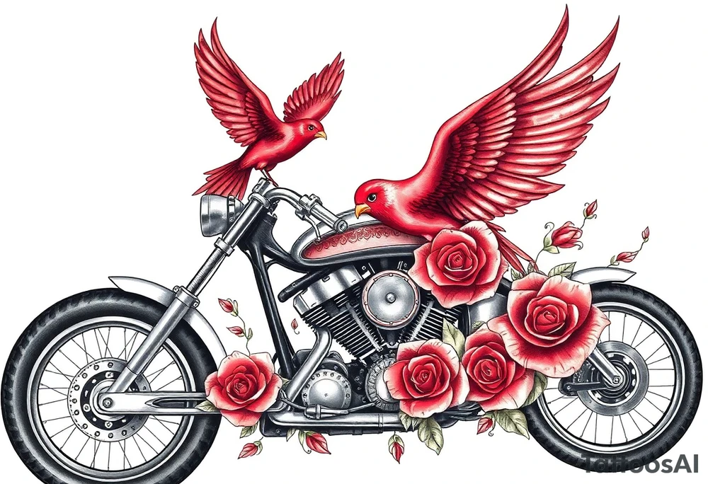 Motorcycle, red bird flying, roses and lace, flames tattoo idea