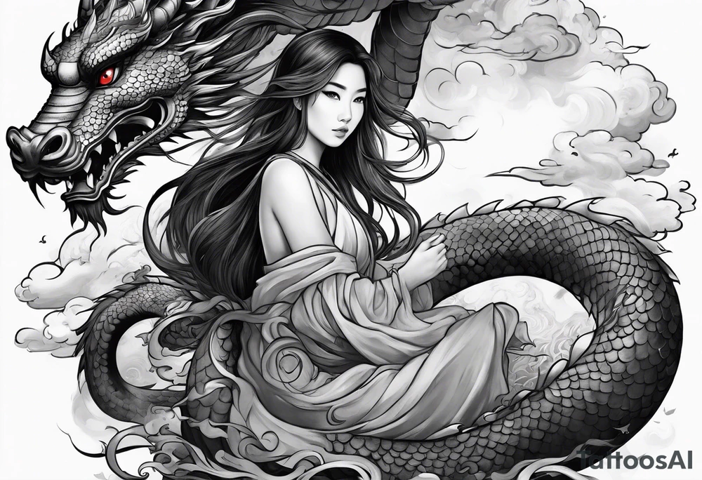 a girl sitting on a asian dragon surrounded by cloud tattoo idea