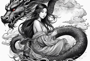 a girl sitting on a asian dragon surrounded by cloud tattoo idea