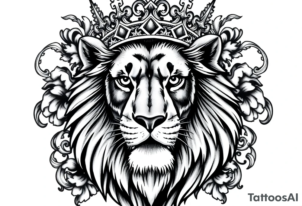 majestic lion wearing ornate crown, surrounded by baroque flourishes tattoo idea