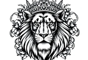 majestic lion wearing ornate crown, surrounded by baroque flourishes tattoo idea