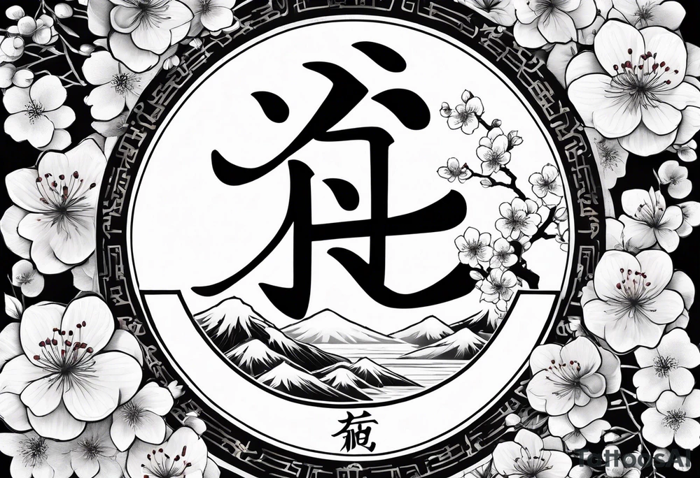 Kanji letter for shadow inside half circle with cherry blossoms tattoo idea