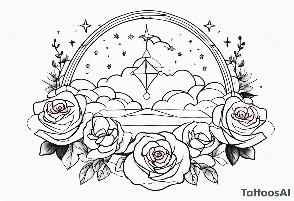 Clouds with tesseract inside and small roses and stars around it going vertically tattoo idea