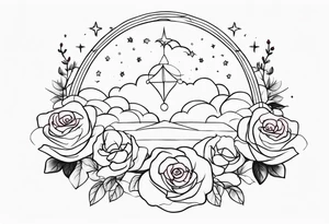 Clouds with tesseract inside and small roses and stars around it going vertically tattoo idea