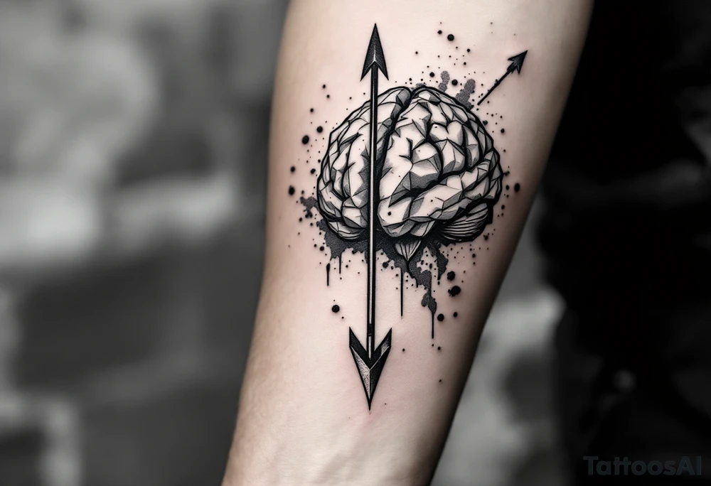 A clean, geometric, vertical, front-seen brain. A detailed arrow crosses from below and exit from the top, with its tip desintegrating to represent entropy and watercolor stains spilled from the arrow. tattoo idea