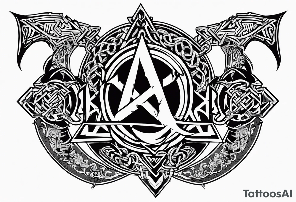 Valhalla sword shield dragon axe Valknut barbed wire chains tribal tattoo idea Valhalla sword shield dragon axe Valknut barbed wire chains tribal tattoo idea