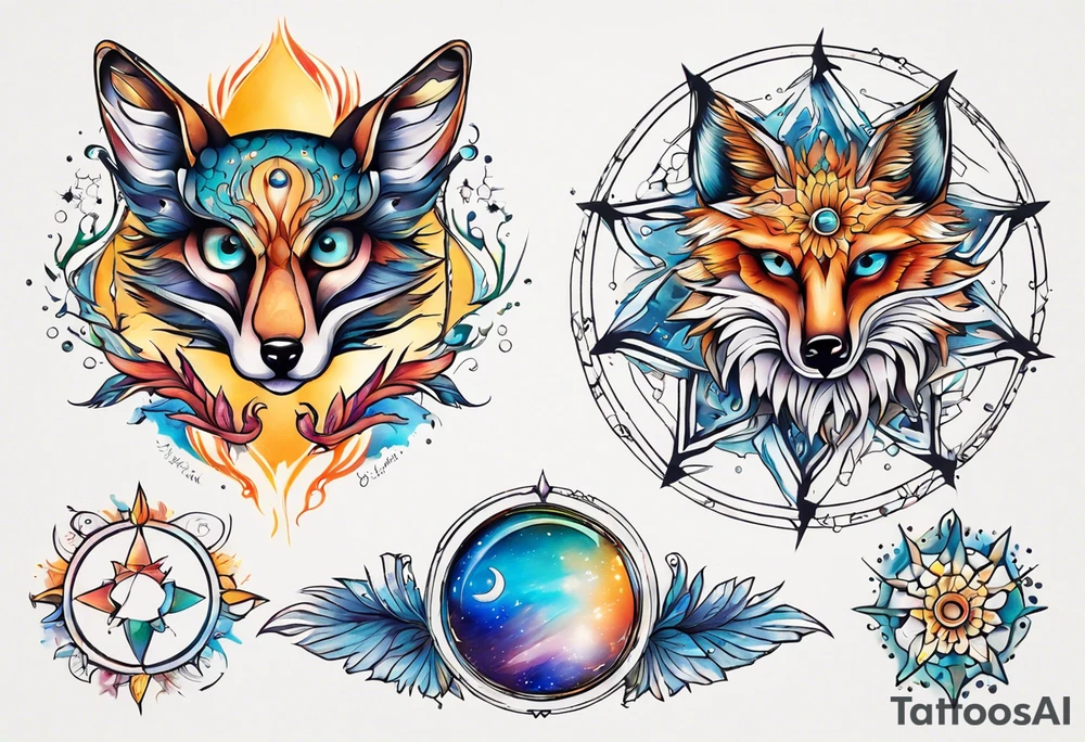 fisch, fuchs und eule , symetrie  sonne, universum, bunt tattoo idea