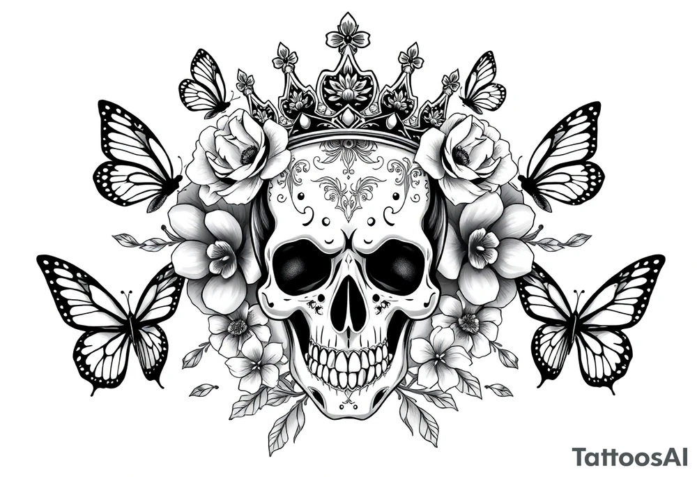 ornate skull adorned with gorgeous crown surrounded by boho flowers and butterflies tattoo idea