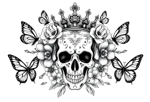 ornate skull adorned with gorgeous crown surrounded by boho flowers and butterflies tattoo idea