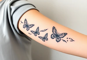 Six different butterflies streaming down arm with six kids names Aden, Aninna, Novaih, Rayla, Jayla, Teresa tattoo idea