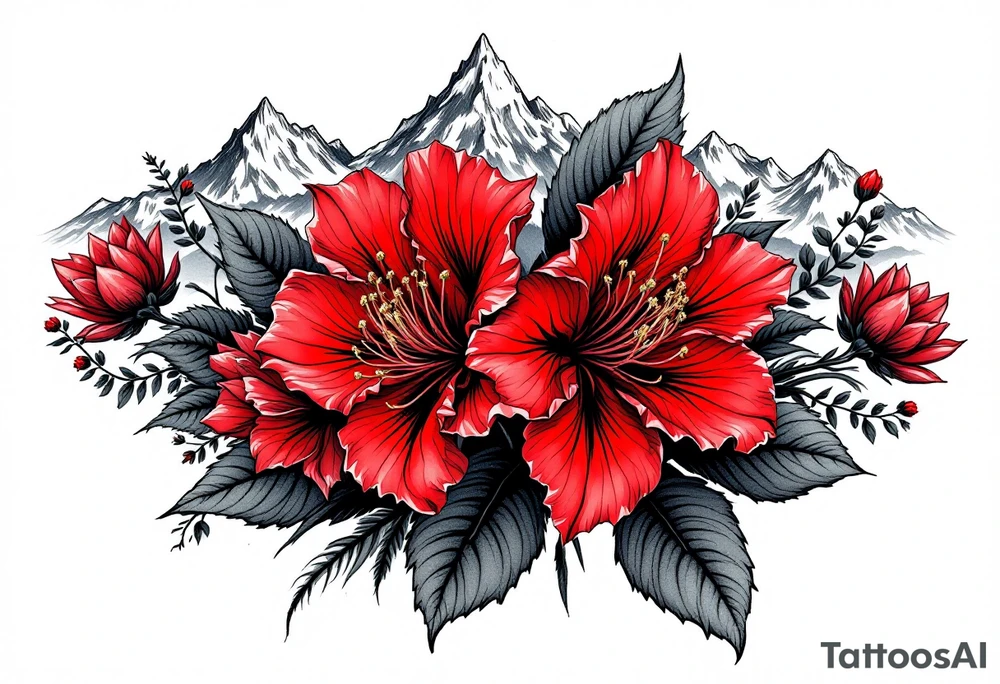 wrist size red  and black rhododendron trippy with Himalayas behind tattoo idea