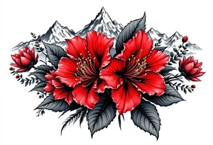 wrist size red  and black rhododendron trippy with Himalayas behind tattoo idea