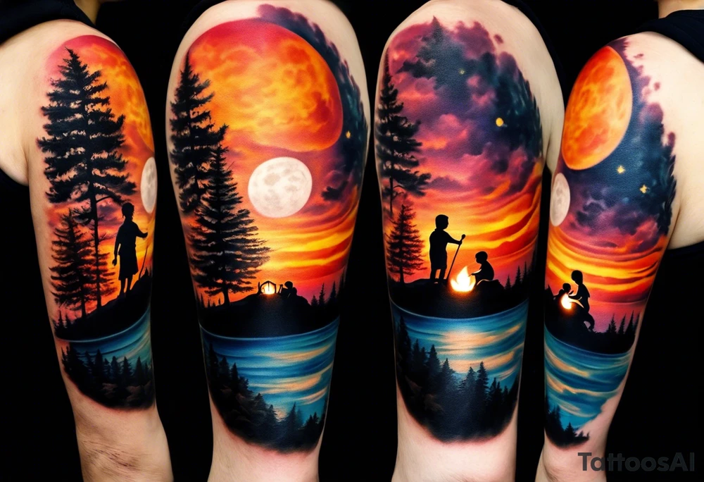 Tattoo of a family of four on a male forearm 
- dad, mom and two boys around a campfire.  Background is a sunset at the bottom, night at the top with a big beautiful moon. I would like the tattoo to be encased in a circle with the words "All that I need is the air that I breathe, and all that I need are things I don't need, and all that really matters is what matters to me". tattoo idea