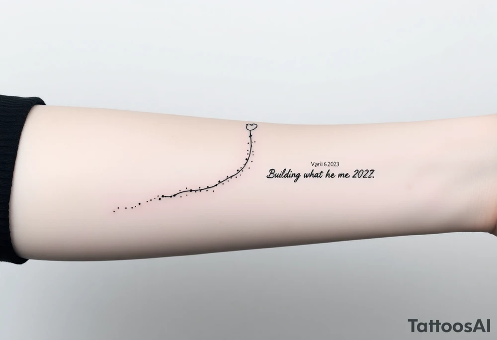 black-ink forearm tattoo honoring a father and the continuation of his legacy. Central design: a single, rising abstract line or path starting faint and fragmented at the bottom (symbolizing the father’s unfinished work) and growing solid and strong as it rises (representing the son carrying the legacy forward). Along the path, include fine particle-like lines or dots flowing upward, symbolizing the father’s presence and guidance cheering the son on. Subtly integrate an abstract outline of the father’s figure or hand at the top, ethereal and minimal, watching proudly over the path. Include the Roman numerals or small elegant text: “VI·IV·MMXXIII” to mark April 6, 2023, and optionally the phrase “Building what he couldn’t” integrated along the line. Style: clean, minimalistic, fine-line black ink only, simple but meaningful, vertical forearm layout, emphasizing legacy, guidance, and emotional depth. tattoo idea
