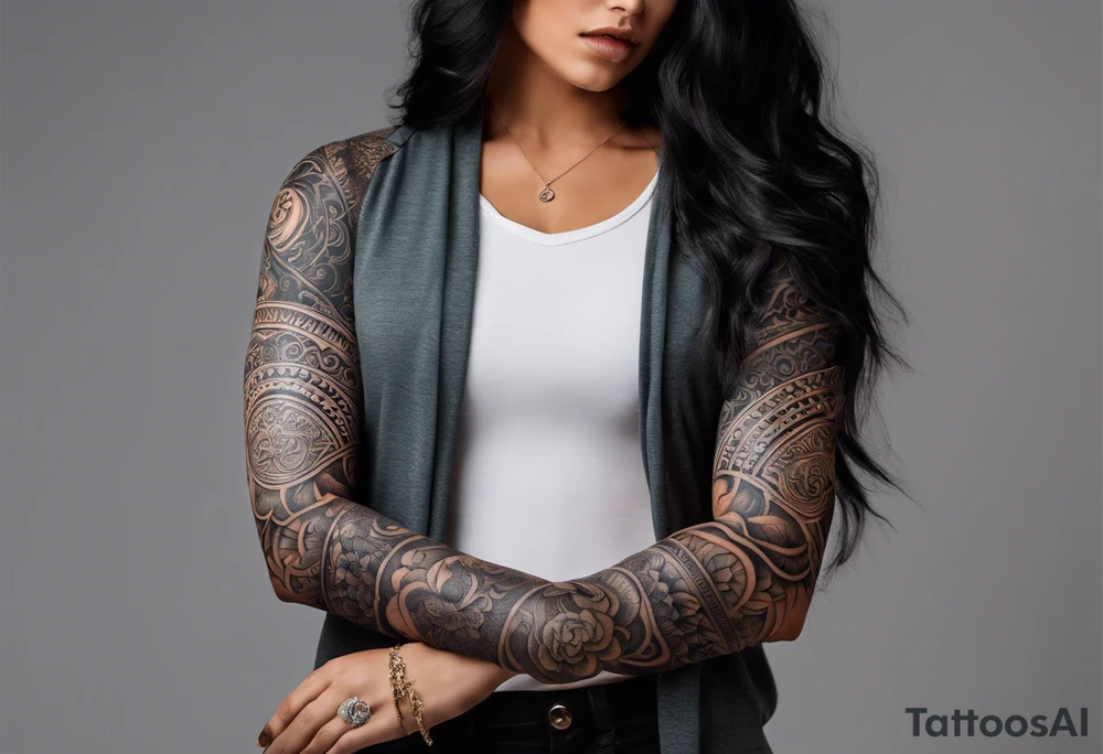 A full tattoo sleeve inspired by Greek mythology, designed with a dark and powerful aesthetic. The centerpiece is the Greek goddess Aphrodite, depicted with a strong yet ethereal presence, embodying both beauty and power. Surrounding her, intricate mandala patterns are woven into the design, adding a sense of balance and symmetry while maintaining a masculine edge. The shading throughout the sleeve is heavy and dramatic, creating deep contrasts and a sense of depth. Additional elements like laurel wreaths, classical columns, or stormy ocean waves intertwine with Aphrodite, symbolizing strength, endurance, and the untamed forces of nature. The overall design should be bold and intense, capturing the mythological grandeur in a way that resonates with a strong, masculine energy. tattoo idea