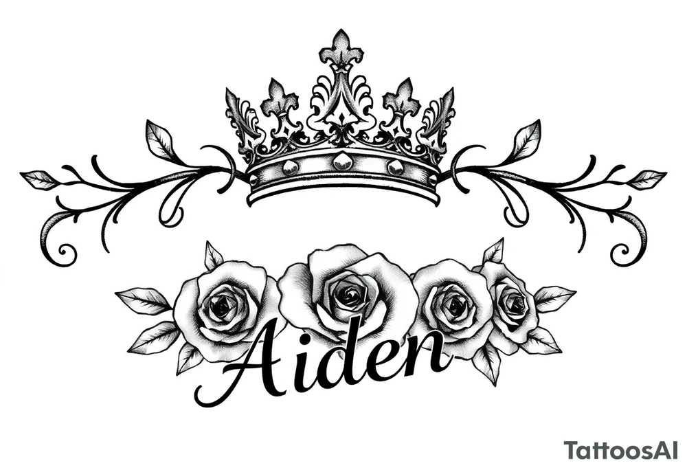 Small size Kings crown above the name Aiden and roses tattoo idea