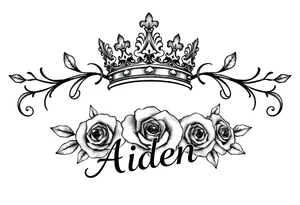 Small size Kings crown above the name Aiden and roses tattoo idea