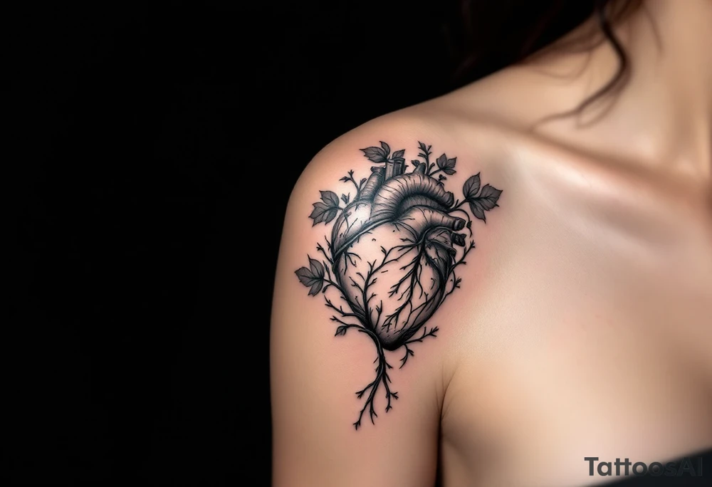 A lifelike heart growing into vines, symbolizing deep emotions and growth. tattoo idea