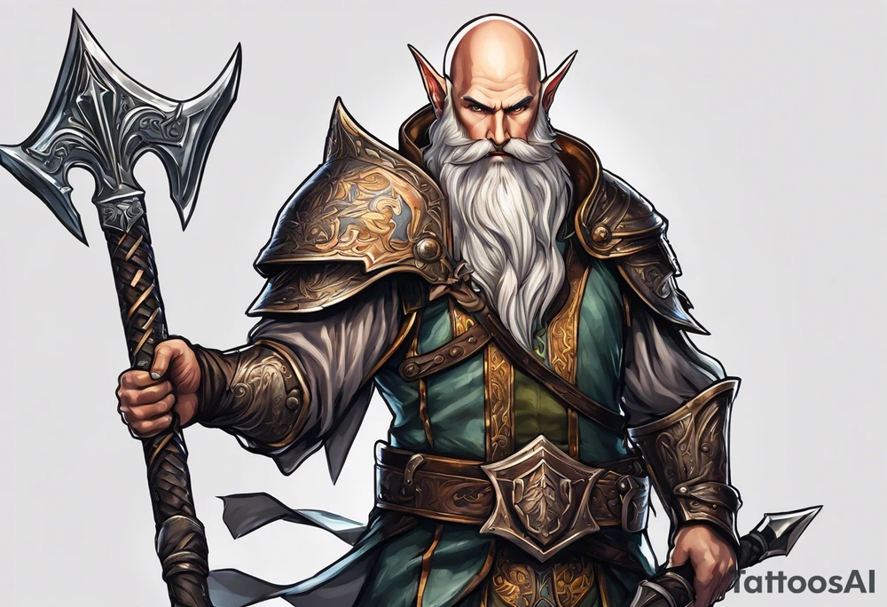a full-body picture of a human elf, bearded bald male, paladin, holding a battle axe, on my left forearm tattoo idea