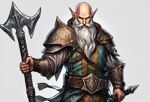 a full-body picture of a human elf, bearded bald male, paladin, holding a battle axe, on my left forearm tattoo idea