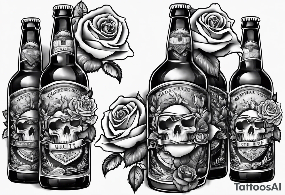 A bottle of beer and a stalk of rose in the bucket tattoo idea